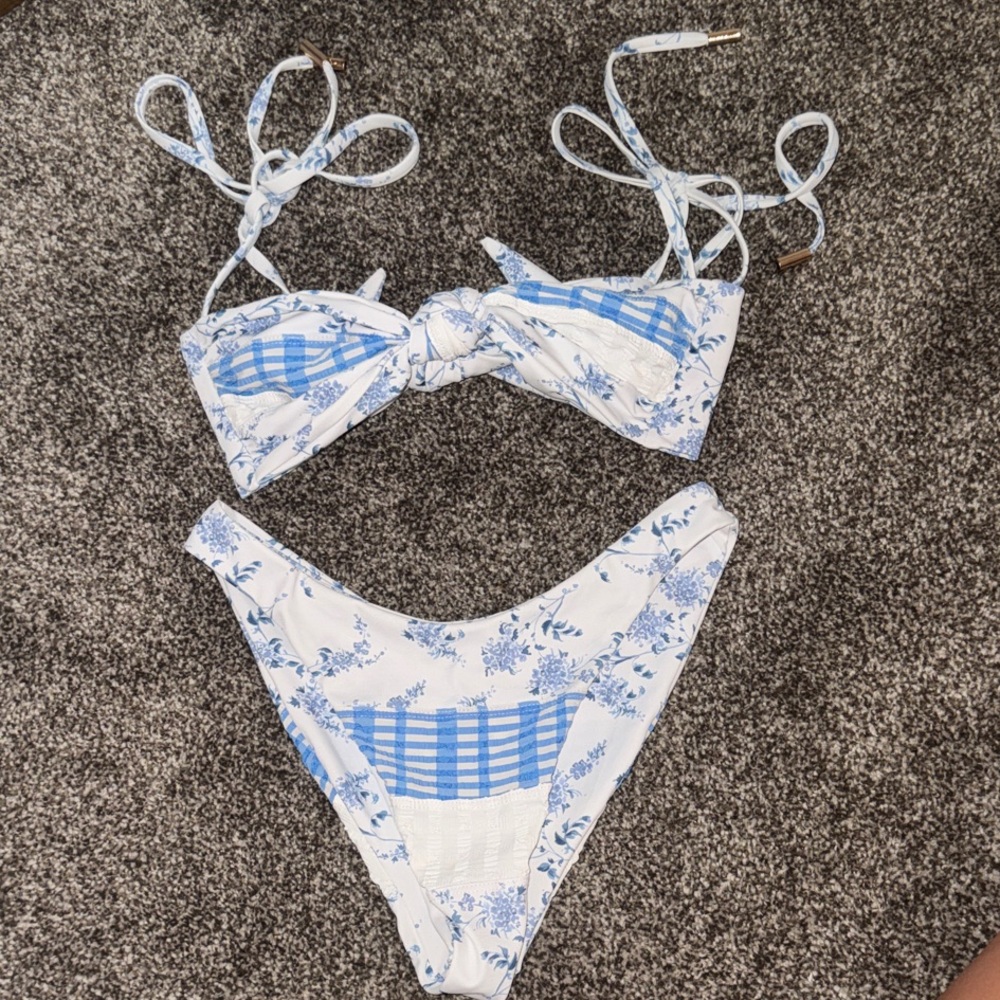 Blue Floral Gingham Tie-Front Bikini Set